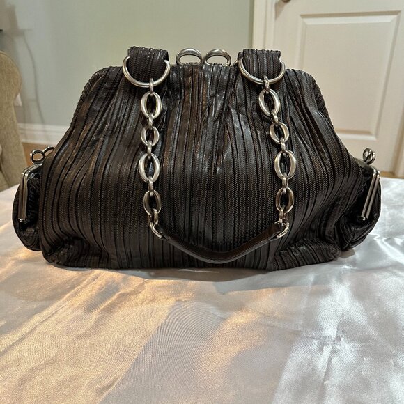 Auth Vintage Bvlgari Dark Chocolate Brown Pleated Leather Handbag - Picture 6 of 15